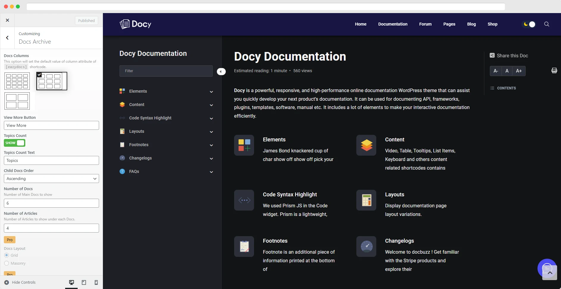 EazyDocs Plugin Customization Screen - Doc Layout Options