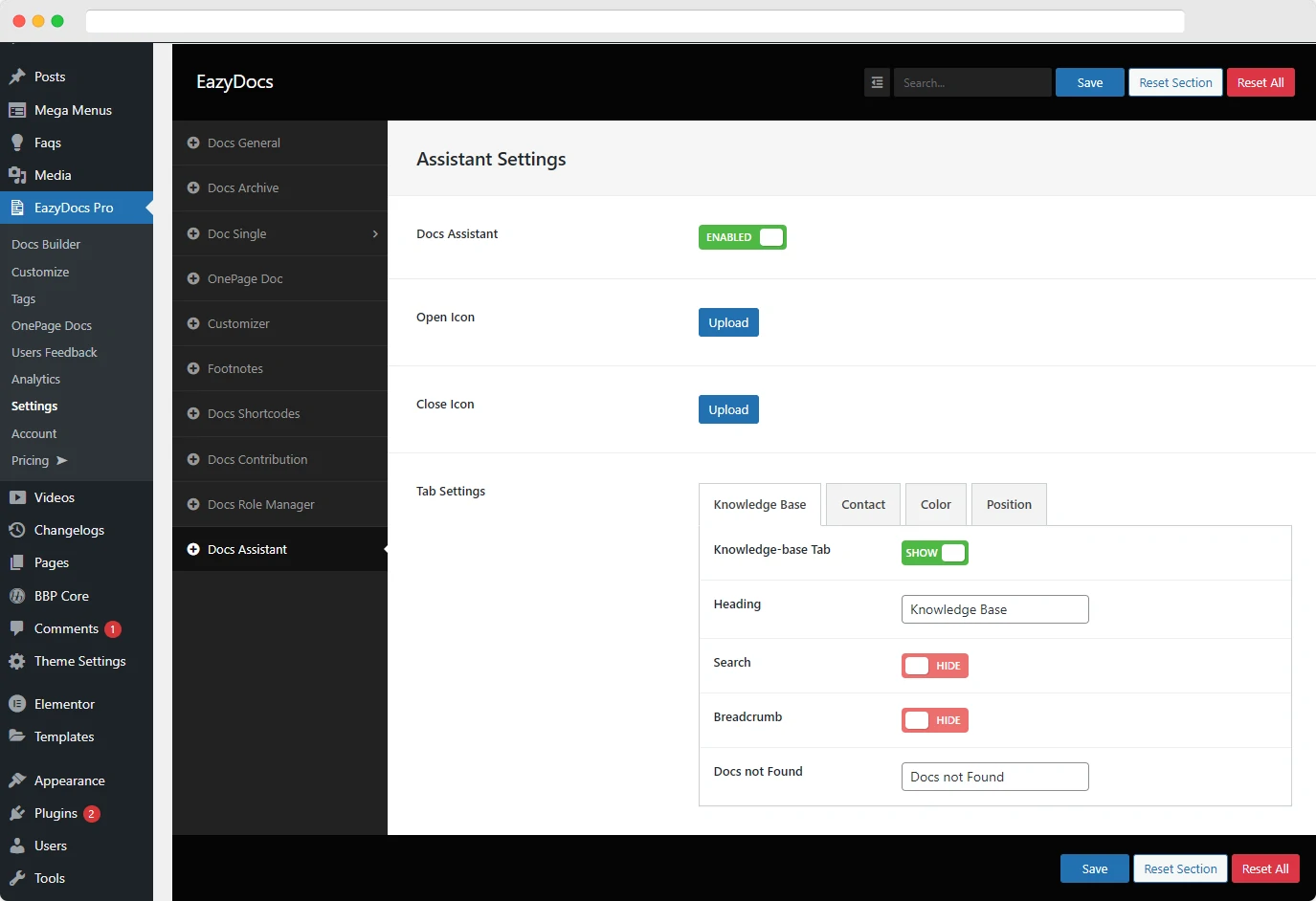 EazyDocs Plugin Settings Menu