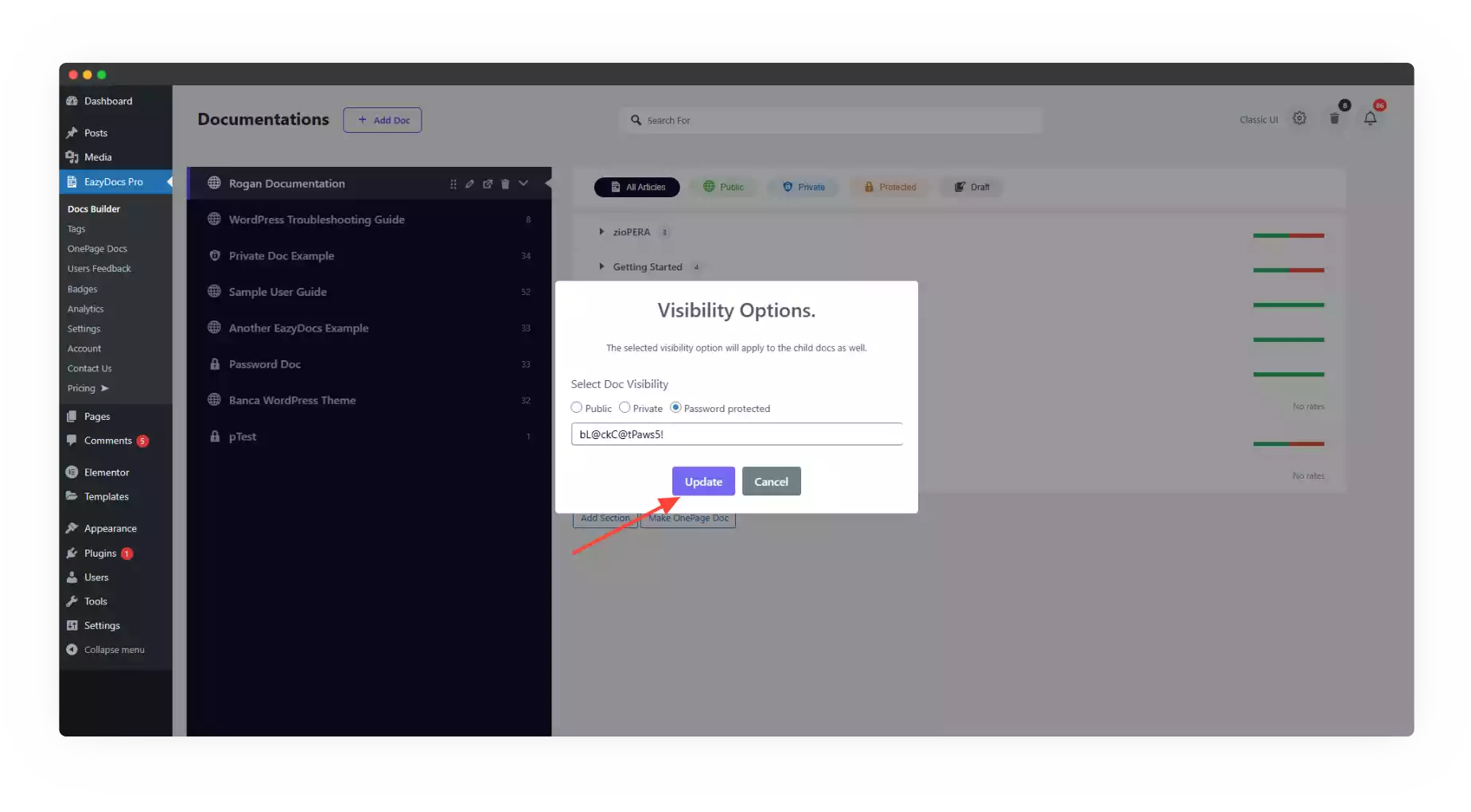 Restricting Access to WordPress users with Password Protected Documentation Prompt on EazyDocs Dashboard