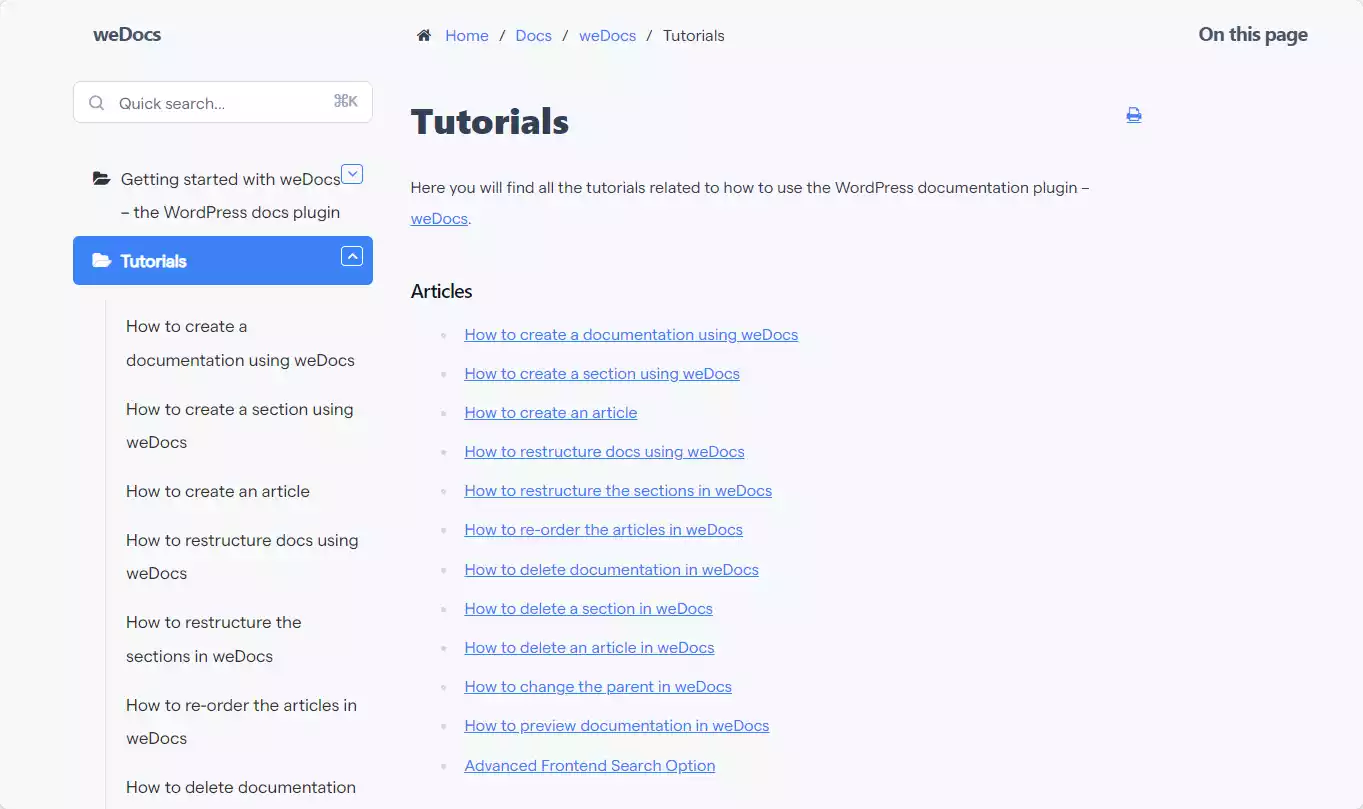 weDocs on Page Navigation & Keyboard Shortcut