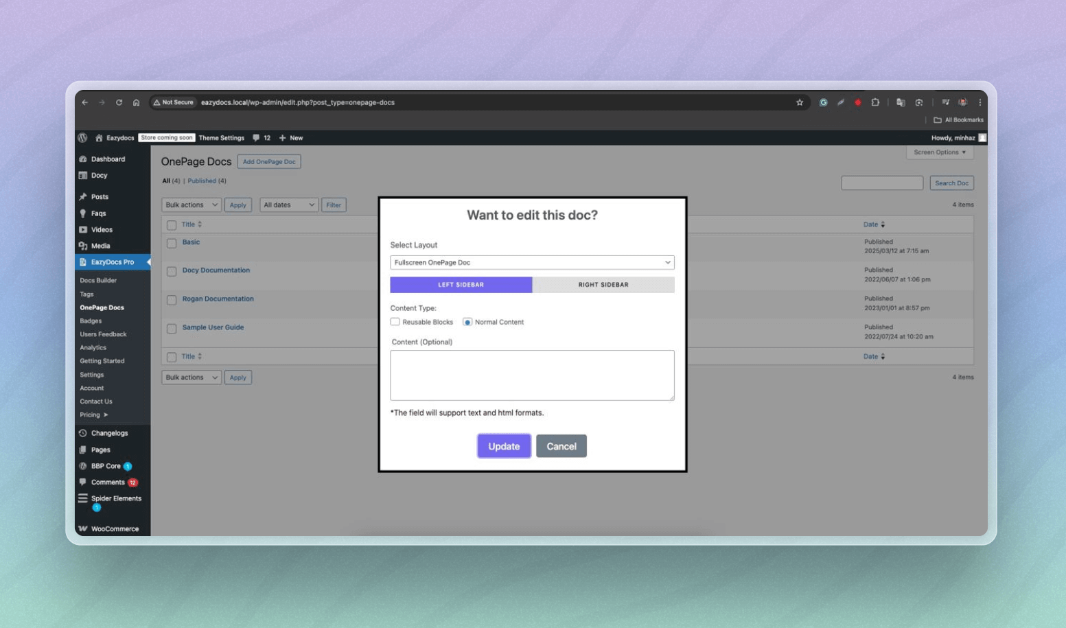 one page documentation
