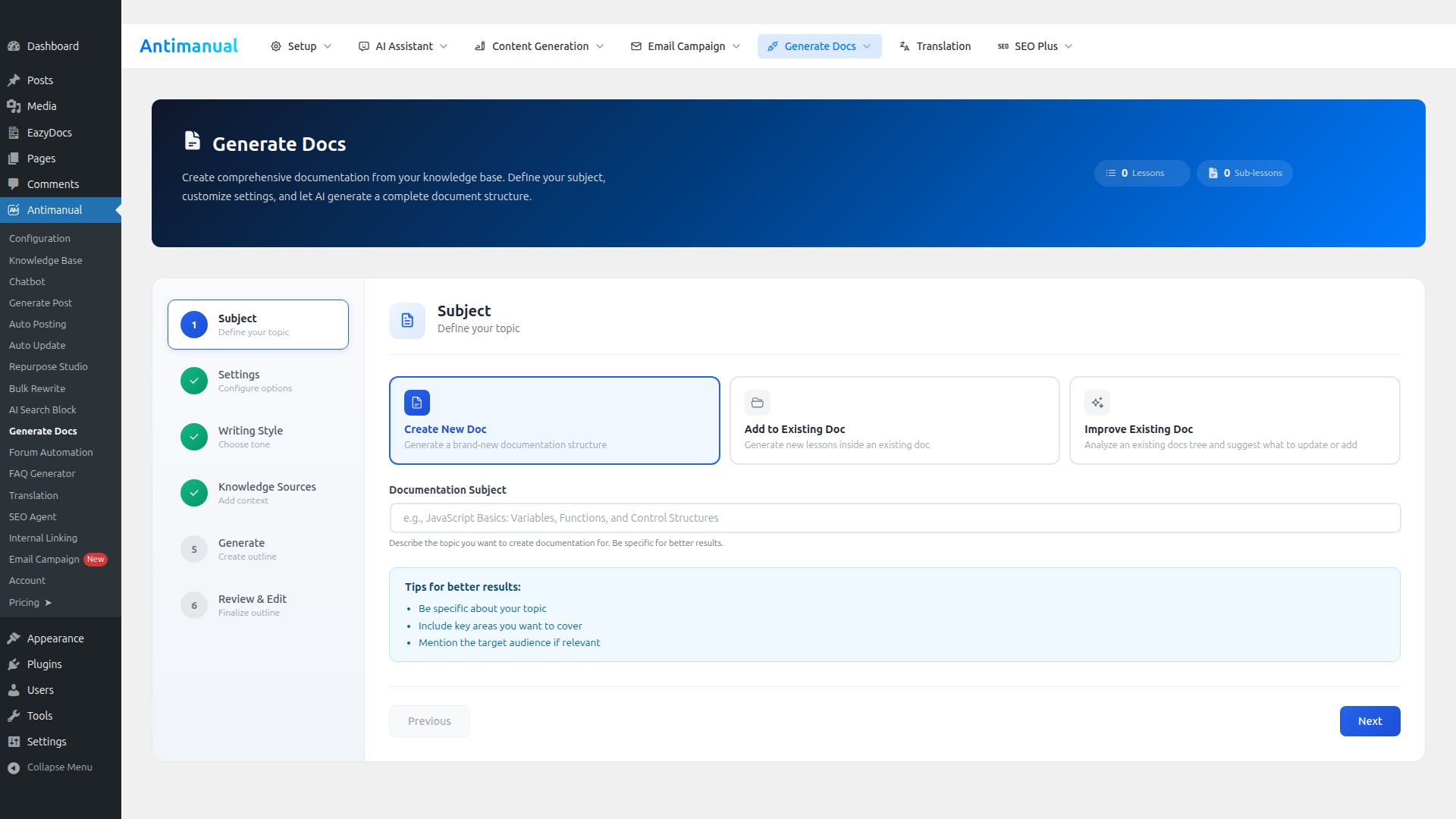 wp-admin / Generate Docs — Improve Mode