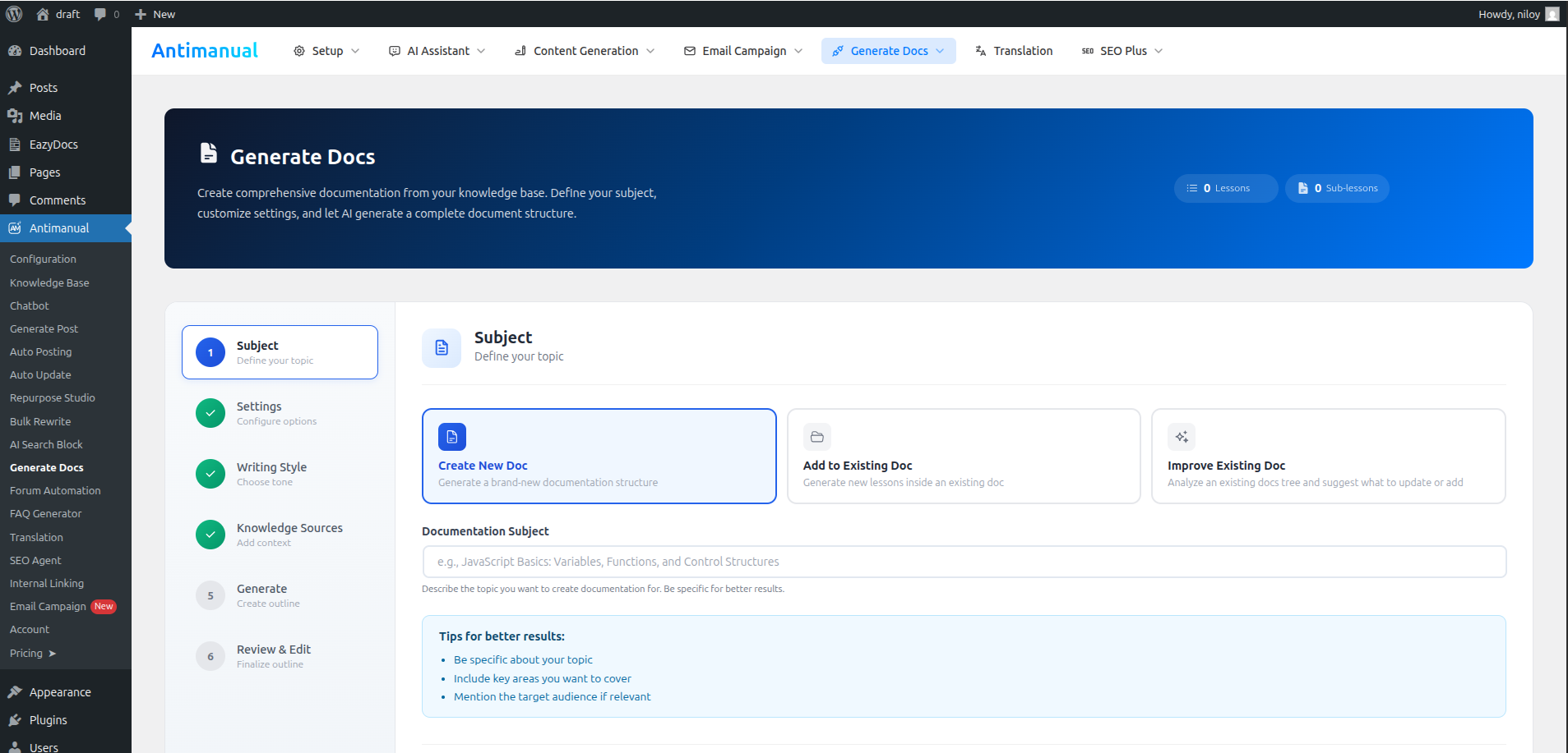 wp-admin / Generate Docs